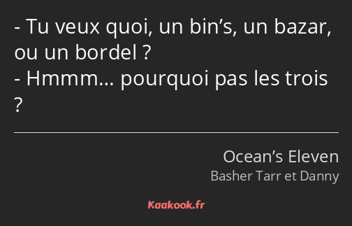 Tu veux quoi, un bin’s, un bazar, ou un bordel ? Hmmm… pourquoi pas les trois ?