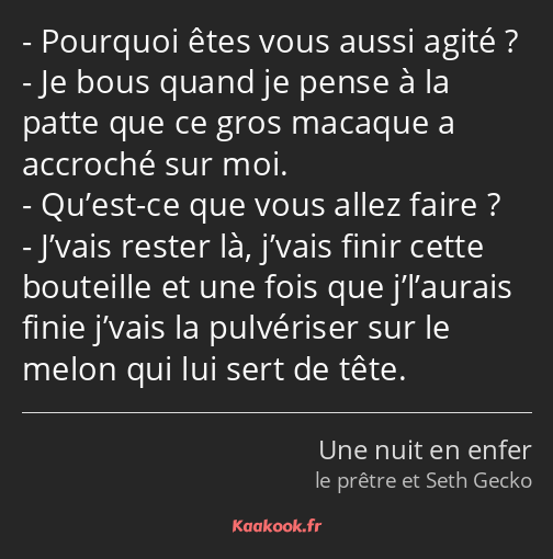 Pourquoi êtes vous aussi agité ? Je bous quand je pense à la patte que ce gros macaque a accroché…