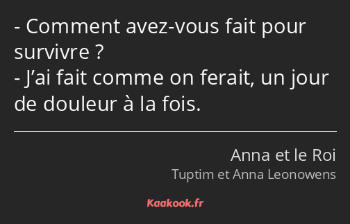 Comment avez-vous fait pour survivre ? J’ai fait comme on ferait, un jour de douleur à la fois.