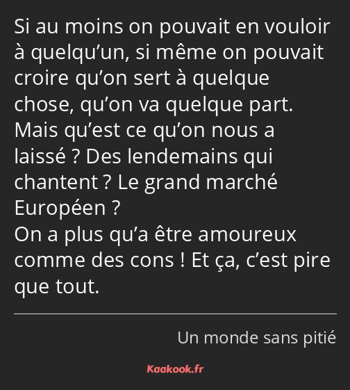 Si au moins on pouvait en vouloir à quelqu’un, si même on pouvait croire qu’on sert à quelque chose…