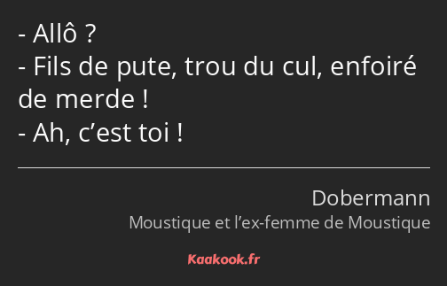 Allô ? Fils de pute, trou du cul, enfoiré de merde ! Ah, c’est toi !