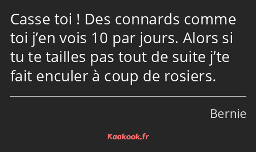 Casse toi ! Des connards comme toi j’en vois 10 par jours. Alors si tu te tailles pas tout de suite…