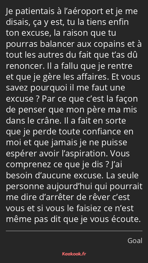 Je patientais à l’aéroport et je me disais, ça y est, tu la tiens enfin ton excuse, la raison que…