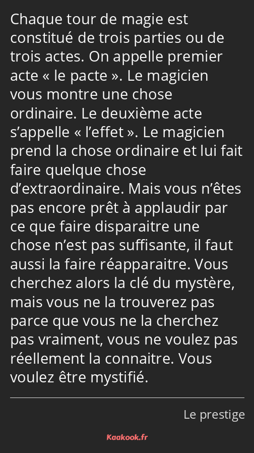 Chaque tour de magie est constitué de trois parties ou de trois actes. On appelle premier acte le…