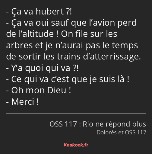 Ça va hubert ?! Ça va oui sauf que l’avion perd de l’altitude ! On file sur les arbres et je…