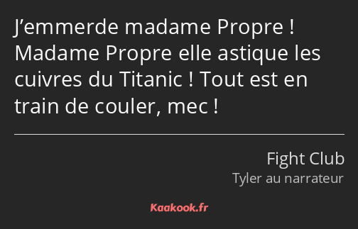 J’emmerde madame Propre ! Madame Propre elle astique les cuivres du Titanic ! Tout est en train de…