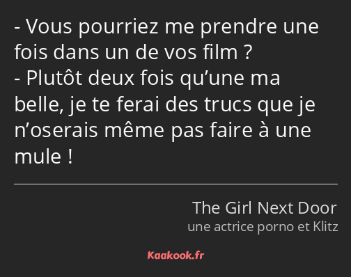 Vous pourriez me prendre une fois dans un de vos film ? Plutôt deux fois qu’une ma belle, je te…