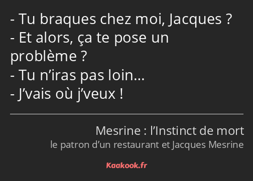 Tu braques chez moi, Jacques ? Et alors, ça te pose un problème ? Tu n’iras pas loin… J’vais où…