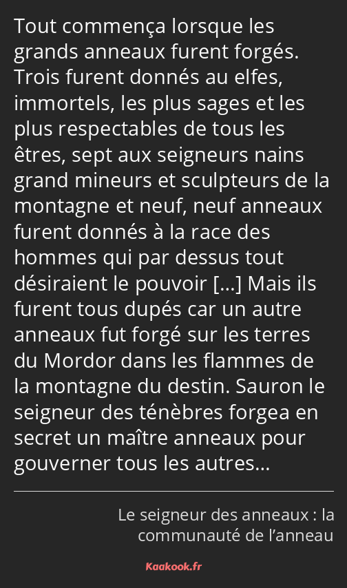 Tout commença lorsque les grands anneaux furent forgés. Trois furent donnés au elfes, immortels…