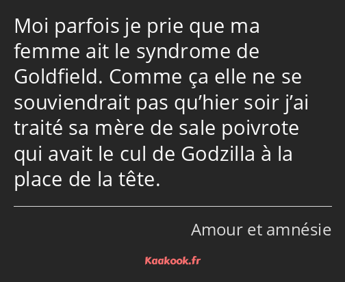 Moi parfois je prie que ma femme ait le syndrome de Goldfield. Comme ça elle ne se souviendrait pas…