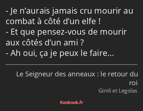 Je n’aurais jamais cru mourir au combat à côté d’un elfe ! Et que pensez-vous de mourir aux côtés…