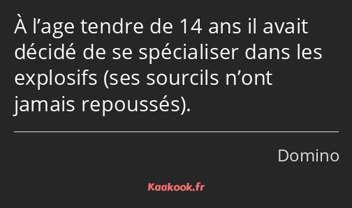 À l’age tendre de 14 ans il avait décidé de se spécialiser dans les explosifs ses sourcils n’ont…