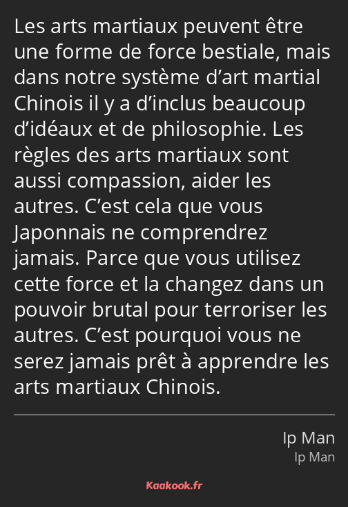 Les arts martiaux peuvent être une forme de force bestiale, mais dans notre système d’art martial…