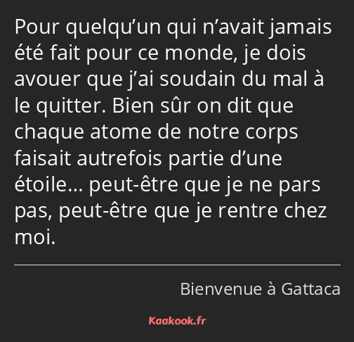 Pour quelqu’un qui n’avait jamais été fait pour ce monde, je dois avouer que j’ai soudain du mal à…