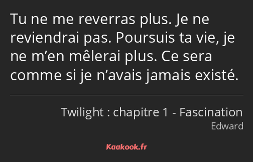 Tu ne me reverras plus. Je ne reviendrai pas. Poursuis ta vie, je ne m’en mêlerai plus. Ce sera…