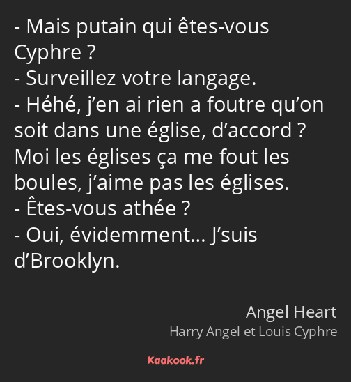 Mais putain qui êtes-vous Cyphre ? Surveillez votre langage. Héhé, j’en ai rien a foutre qu’on soit…