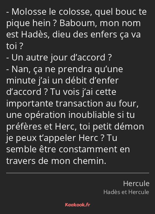 Molosse le colosse, quel bouc te pique hein ? Baboum, mon nom est Hadès, dieu des enfers ça va toi…