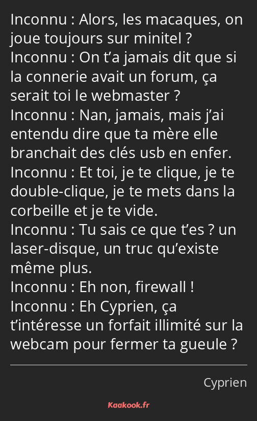 Alors, les macaques, on joue toujours sur minitel ? On t’a jamais dit que si la connerie avait un…