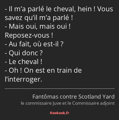 Il m’a parlé le cheval, hein ! Vous savez qu’il m’a parlé ! Mais oui, mais oui ! Reposez-vous ! Au…