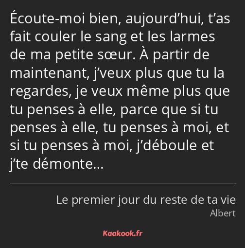 Écoute-moi bien, aujourd’hui, t’as fait couler le sang et les larmes de ma petite sœur. À partir de…