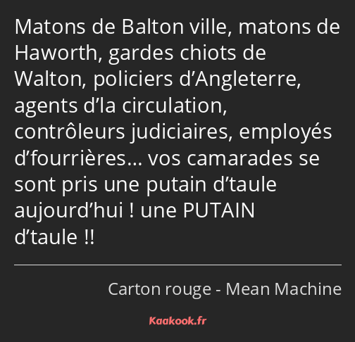 Matons de Balton ville, matons de Haworth, gardes chiots de Walton, policiers d’Angleterre, agents…