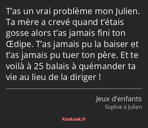 T’as un vrai problème mon Julien. Ta mère a crevé quand t’étais gosse alors t’as jamais fini ton…