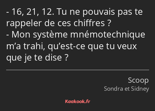 16, 21, 12. Tu ne pouvais pas te rappeler de ces chiffres ? Mon système mnémotechnique m’a trahi…