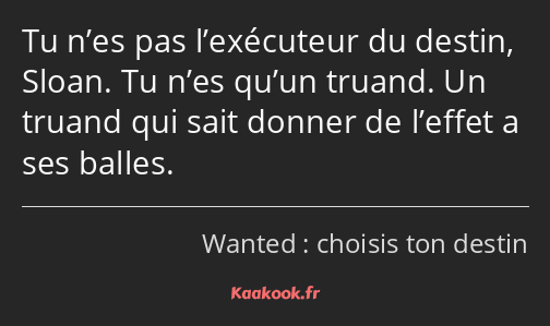 Tu n’es pas l’exécuteur du destin, Sloan. Tu n’es qu’un truand. Un truand qui sait donner de…