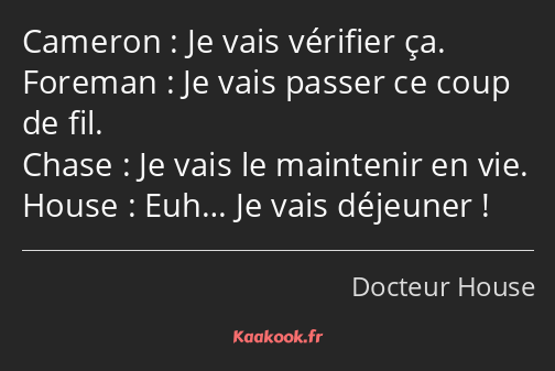 Je vais vérifier ça. Je vais passer ce coup de fil. Je vais le maintenir en vie. Euh… Je vais…