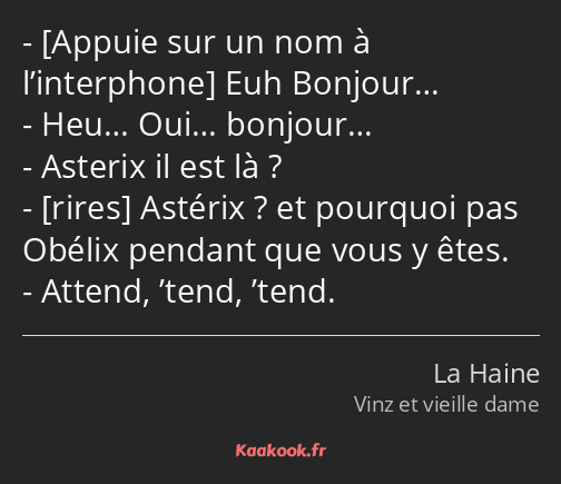  Euh Bonjour… Heu… Oui… bonjour… Asterix il est là ? Astérix ? et pourquoi pas Obélix pendant que…