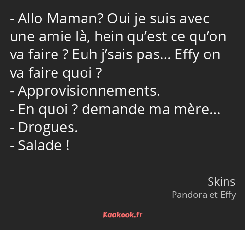 Allo Maman? Oui je suis avec une amie là, hein qu’est ce qu’on va faire ? Euh j’sais pas… Effy on…