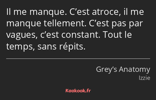 Il me manque. C’est atroce, il me manque tellement. C’est pas par vagues, c’est constant. Tout le…