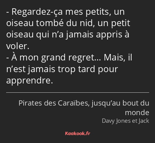 Regardez-ça mes petits, un oiseau tombé du nid, un petit oiseau qui n’a jamais appris à voler. À…