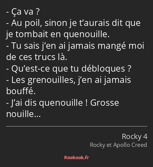 Ça va ? Au poil, sinon je t’aurais dit que je tombait en quenouille. Tu sais j’en ai jamais mangé…