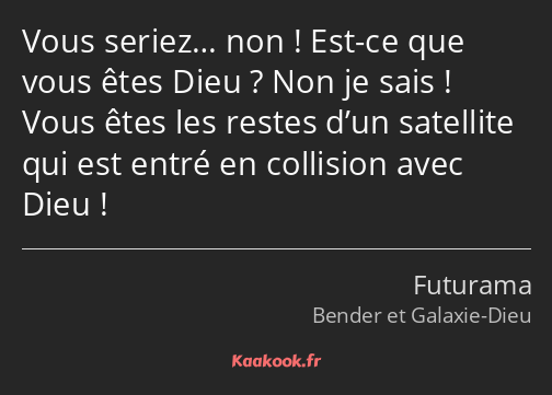 Vous seriez… non ! Est-ce que vous êtes Dieu ? Non je sais ! Vous êtes les restes d’un satellite…