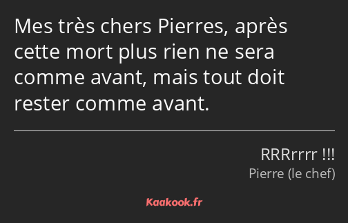 Mes très chers Pierres, après cette mort plus rien ne sera comme avant, mais tout doit rester comme…