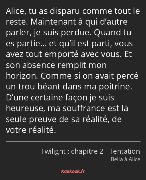 Alice, tu as disparu comme tout le reste. Maintenant à qui d’autre parler, je suis perdue. Quand tu…