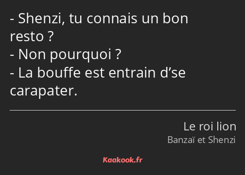 Shenzi, tu connais un bon resto ? Non pourquoi ? La bouffe est entrain d’se carapater.