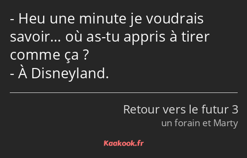 Heu une minute je voudrais savoir… où as-tu appris à tirer comme ça ? À Disneyland.