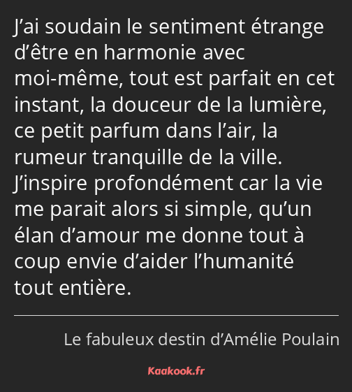 J’ai soudain le sentiment étrange d’être en harmonie avec moi-même, tout est parfait en cet instant…