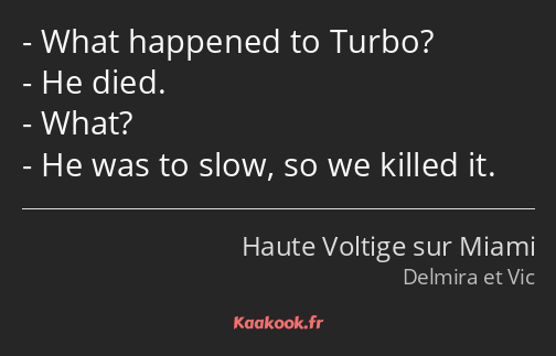 What happened to Turbo? He died. What? He was to slow, so we killed it.