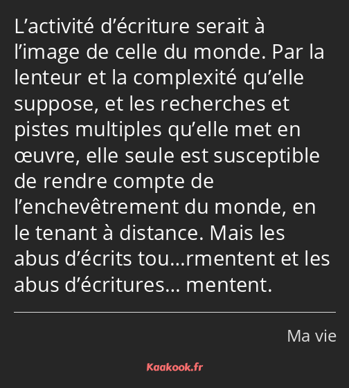 L’activité d’écriture serait à l’image de celle du monde. Par la lenteur et la complexité qu’elle…