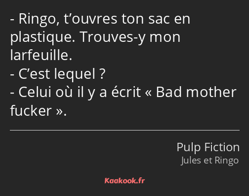 Ringo, t’ouvres ton sac en plastique. Trouves-y mon larfeuille. C’est lequel ? Celui où il y a…