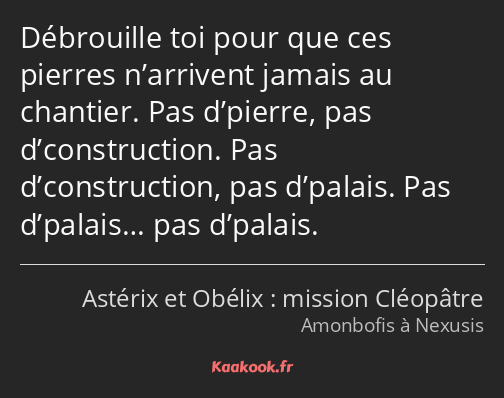 Débrouille toi pour que ces pierres n’arrivent jamais au chantier. Pas d’pierre, pas d’construction…