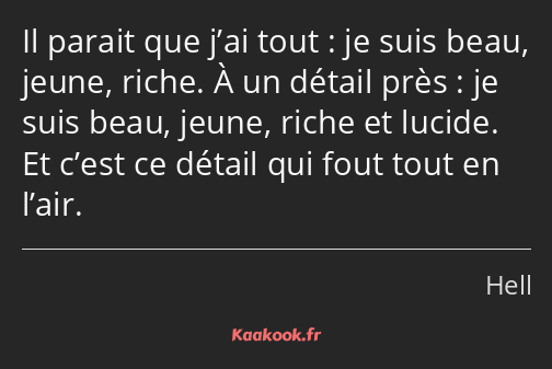 Il parait que j’ai tout : je suis beau, jeune, riche. À un détail près : je suis beau, jeune, riche…