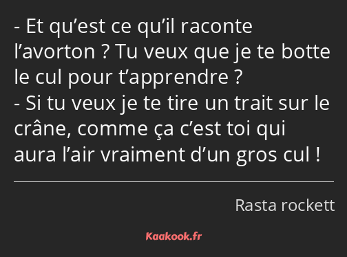 Et qu’est ce qu’il raconte l’avorton ? Tu veux que je te botte le cul pour t’apprendre ? Si tu veux…