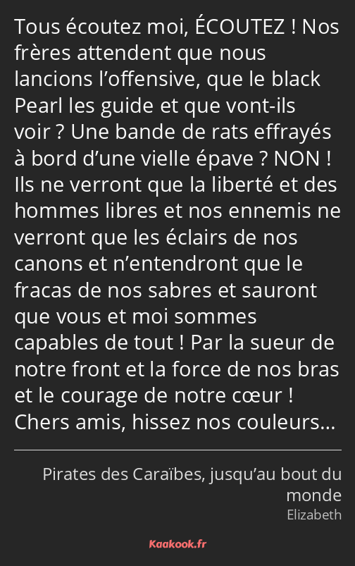 Tous écoutez moi, ÉCOUTEZ ! Nos frères attendent que nous lancions l’offensive, que le black Pearl…