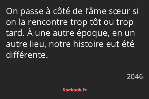 On passe à côté de l’âme sœur si on la rencontre trop tôt ou trop tard. À une autre époque, en un…