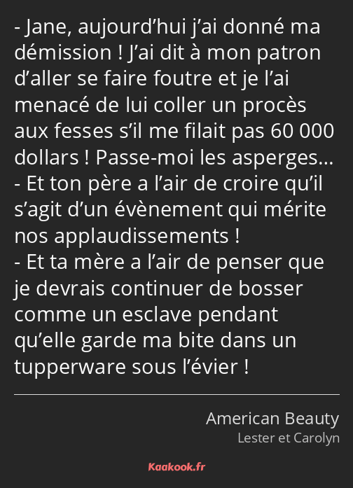 Jane, aujourd’hui j’ai donné ma démission ! J’ai dit à mon patron d’aller se faire foutre et je…