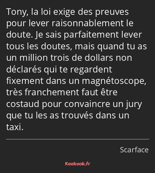 Tony, la loi exige des preuves pour lever raisonnablement le doute. Je sais parfaitement lever tous…